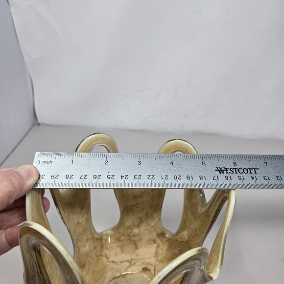 Makora Krosno Vintage Hand Blown Made Swirl Gold & Brown Open Vase Glass Ruffle - Picture 9 of 10